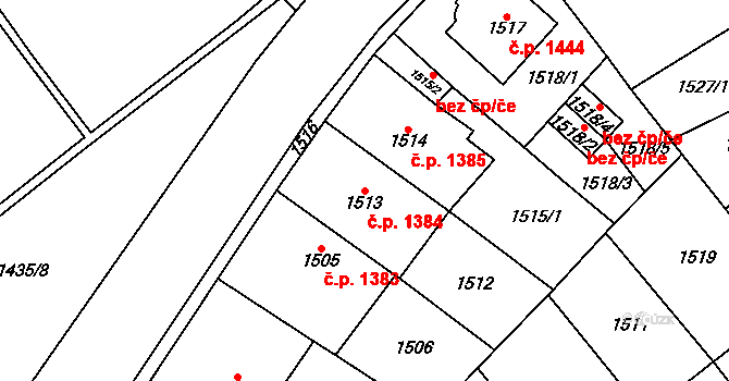 Chomutov 1384 na parcele st. 1513 v KÚ Chomutov I, Katastrální mapa