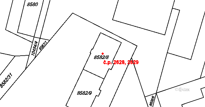 Jižní Předměstí 2628,2629, Plzeň na parcele st. 8582/8 v KÚ Plzeň, Katastrální mapa