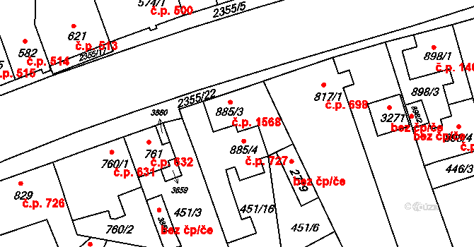 Ústí nad Orlicí 727 na parcele st. 885/4 v KÚ Ústí nad Orlicí, Katastrální mapa