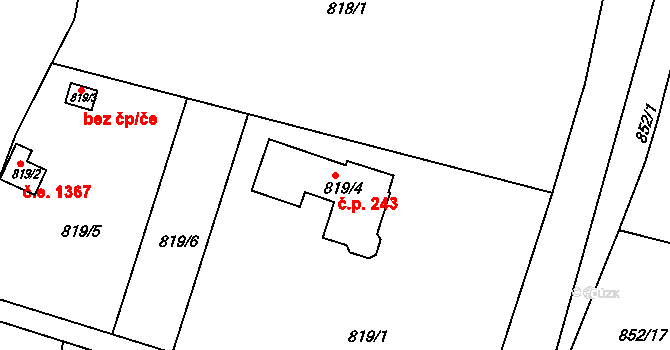 Radobyčice 243, Plzeň na parcele st. 819/4 v KÚ Radobyčice, Katastrální mapa