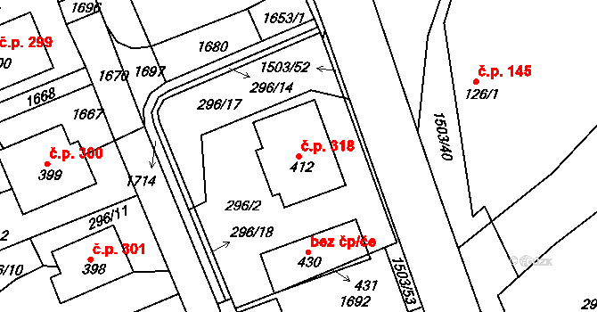Rosice 318 na parcele st. 412 v KÚ Rosice u Chrasti, Katastrální mapa