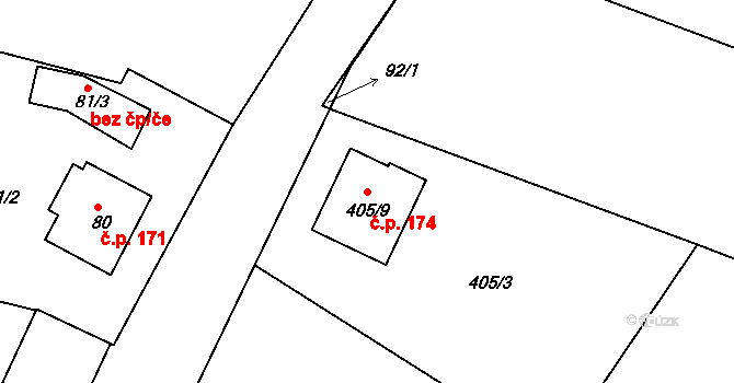 Koněšín 174 na parcele st. 405/9 v KÚ Koněšín, Katastrální mapa