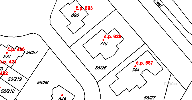 Hovorčovice 629 na parcele st. 740 v KÚ Hovorčovice, Katastrální mapa