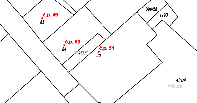 Šašovice 51, Želetava na parcele st. 86 v KÚ Šašovice, Katastrální mapa