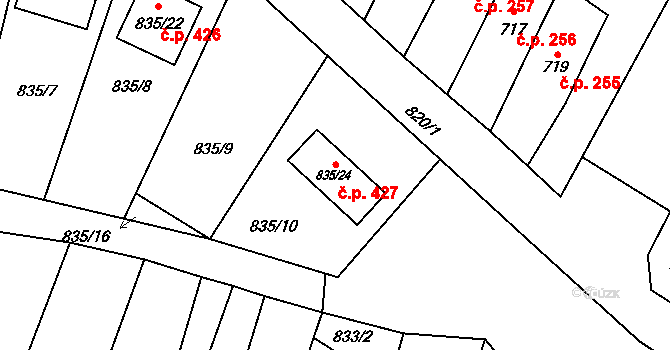 Lipůvka 427 na parcele st. 835/24 v KÚ Lipůvka, Katastrální mapa