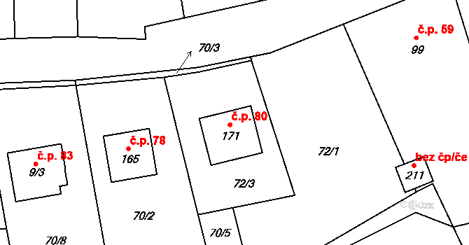 Kozmice 80 na parcele st. 171 v KÚ Kozmice u Benešova, Katastrální mapa