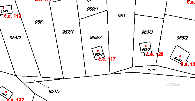 Čimice 117, Praha na parcele st. 959/3 v KÚ Čimice, Katastrální mapa