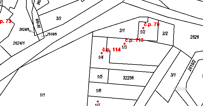 Ludkovice 114 na parcele st. 1/4 v KÚ Ludkovice, Katastrální mapa
