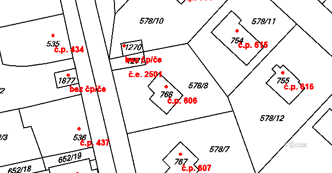 Malenovice 606, Zlín na parcele st. 768 v KÚ Malenovice u Zlína, Katastrální mapa