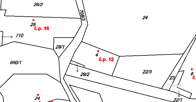 Křížovice 12, Plánice na parcele st. 4 v KÚ Křížovice u Číhaně, Katastrální mapa