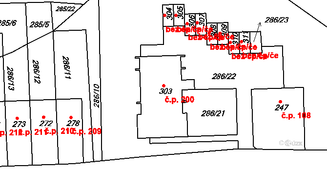 Žďárky 200 na parcele st. 303 v KÚ Žďárky, Katastrální mapa