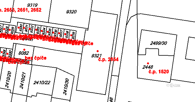 Zelené Předměstí 2654, Pardubice na parcele st. 9321 v KÚ Pardubice, Katastrální mapa