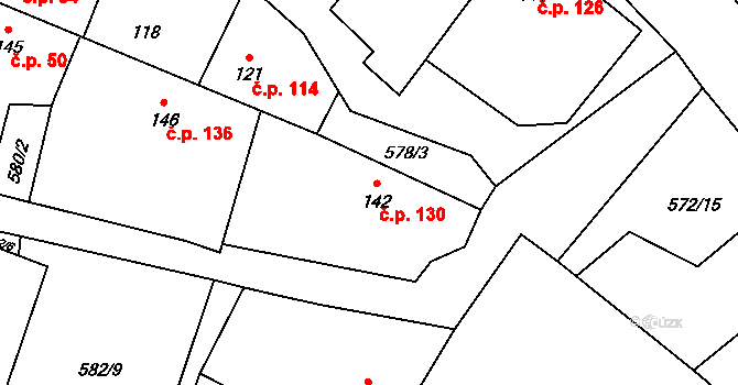 Lišany 130 na parcele st. 142 v KÚ Lišany u Rakovníka, Katastrální mapa