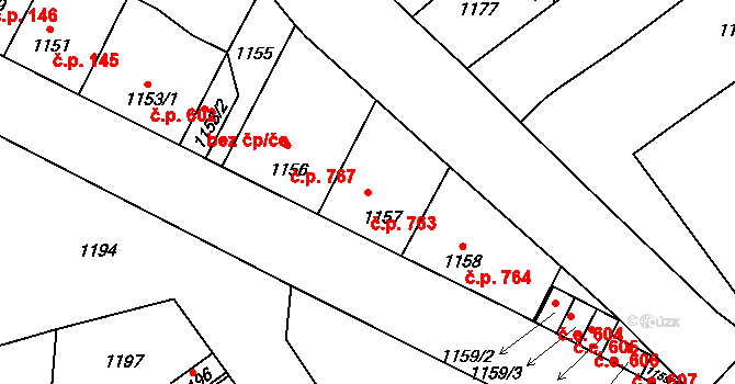Hustopeče 763 na parcele st. 1157 v KÚ Hustopeče u Brna, Katastrální mapa