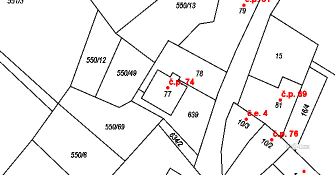 Lazníky 74 na parcele st. 77 v KÚ Lazníky, Katastrální mapa