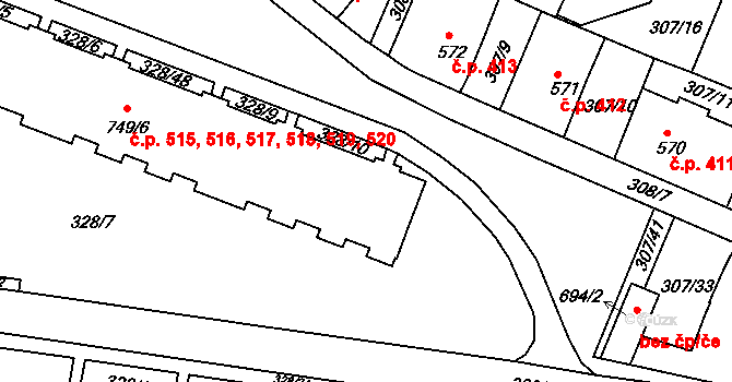 Tanvald 515,516,517,518,519, na parcele st. 749/6 v KÚ Tanvald, Katastrální mapa