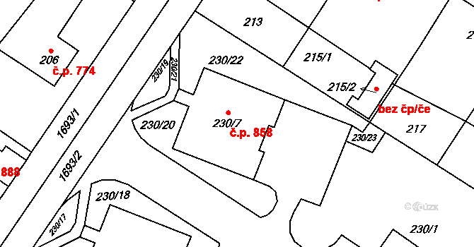 Sadská 858 na parcele st. 230/7 v KÚ Sadská, Katastrální mapa