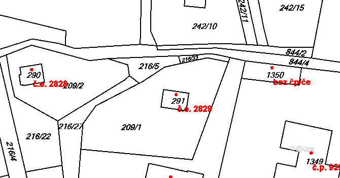 Těptín 2829, Kamenice na parcele st. 291 v KÚ Těptín, Katastrální mapa