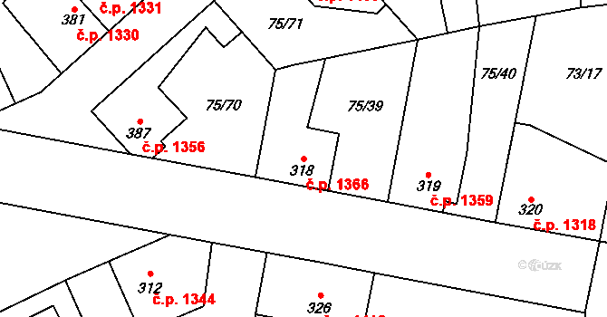 Švermov 1366, Kladno na parcele st. 318 v KÚ Hnidousy, Katastrální mapa