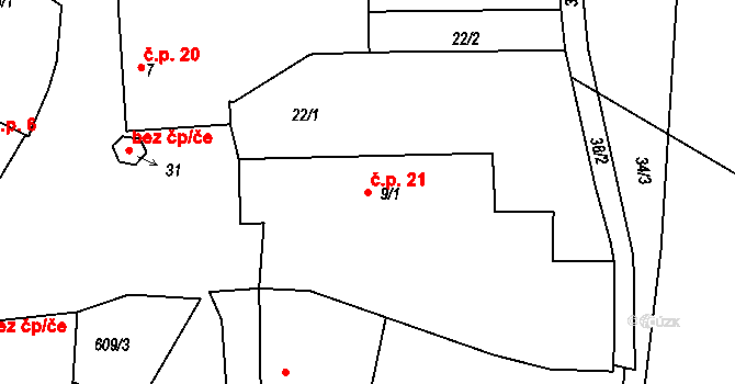 Vranov 21 na parcele st. 9/1 v KÚ Vranov u Stříbra, Katastrální mapa