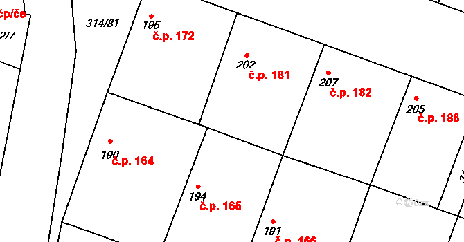 Lovčice 181 na parcele st. 202 v KÚ Lovčice u Nového Bydžova, Katastrální mapa