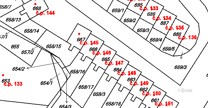 Mimoň V 147, Mimoň na parcele st. 665 v KÚ Mimoň, Katastrální mapa