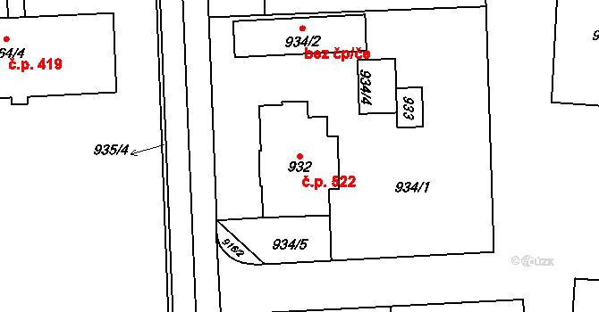 Valašské Meziříčí 522 na parcele st. 932 v KÚ Valašské Meziříčí-město, Katastrální mapa