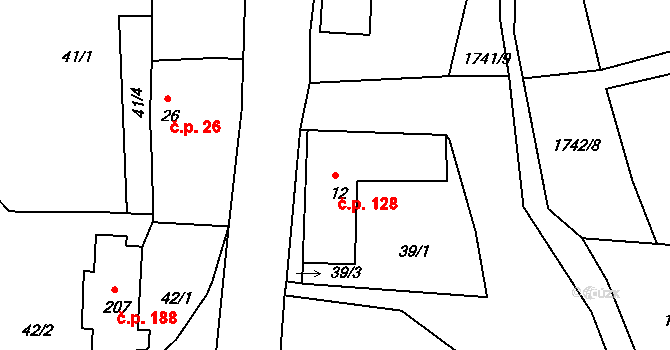 Lodhéřov 128 na parcele st. 12 v KÚ Lodhéřov, Katastrální mapa