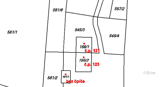 Šanov 121, Červená Voda na parcele st. 169/1 v KÚ Šanov u Červené Vody, Katastrální mapa