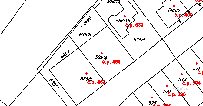 Jarošov 456, Uherské Hradiště na parcele st. 536/4 v KÚ Jarošov u Uherského Hradiště, Katastrální mapa