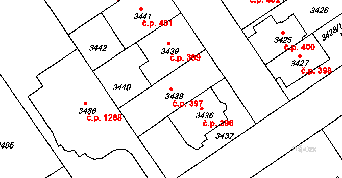 Černá Pole 397, Brno na parcele st. 3438 v KÚ Černá Pole, Katastrální mapa