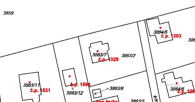 Frýdlant 1329, Frýdlant nad Ostravicí na parcele st. 3863/7 v KÚ Frýdlant nad Ostravicí, Katastrální mapa
