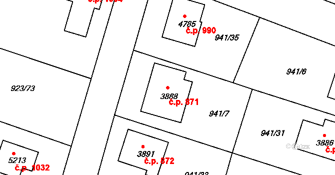 Plzeňské Předměstí 871, Rokycany na parcele st. 3888 v KÚ Rokycany, Katastrální mapa