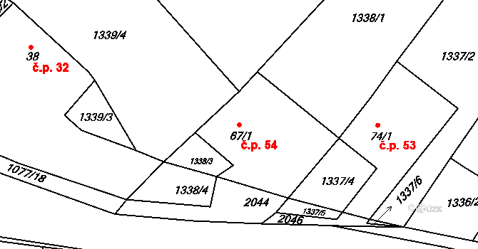 Milčice 54, Myslív na parcele st. 67/1 v KÚ Milčice, Katastrální mapa