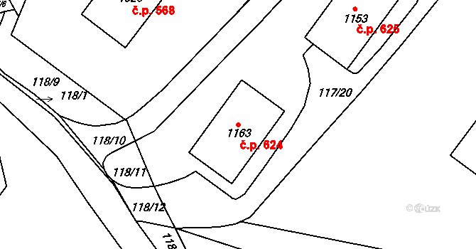 Halenkov 624 na parcele st. 1163 v KÚ Halenkov, Katastrální mapa