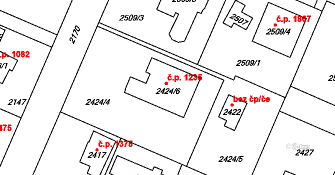Újezd nad Lesy 1235, Praha na parcele st. 2424/6 v KÚ Újezd nad Lesy, Katastrální mapa