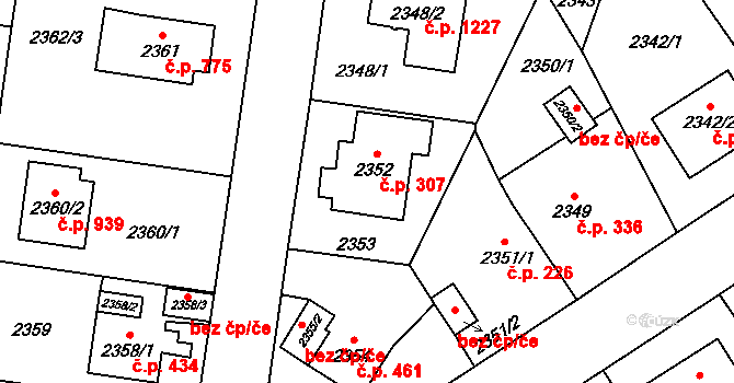 Kyje 307, Praha na parcele st. 2352 v KÚ Kyje, Katastrální mapa