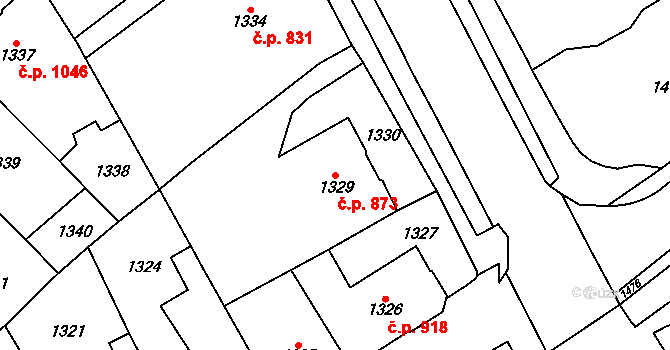 Chomutov 873 na parcele st. 1329 v KÚ Chomutov I, Katastrální mapa