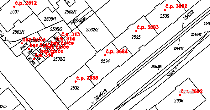 Chomutov 3684 na parcele st. 2534 v KÚ Chomutov II, Katastrální mapa