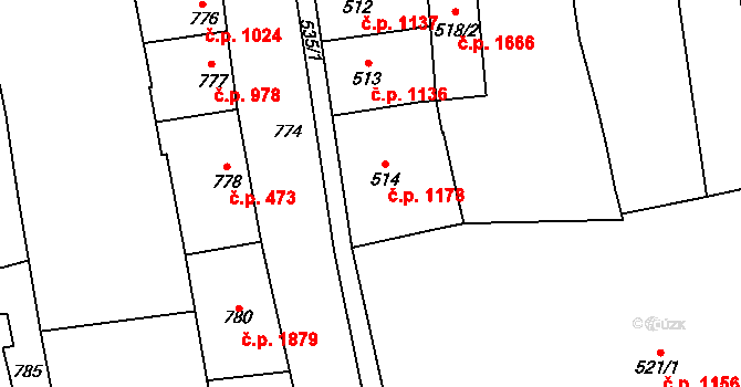 Šlapanice 1178 na parcele st. 514 v KÚ Šlapanice u Brna, Katastrální mapa