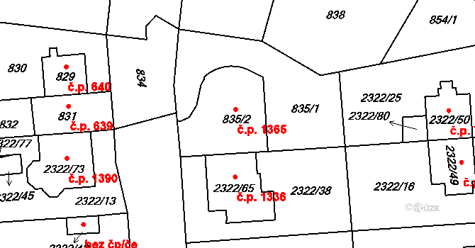 Hostivař 1365, Praha na parcele st. 835/2 v KÚ Hostivař, Katastrální mapa
