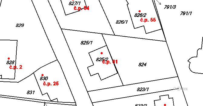 Neřežín 61, Chaloupky na parcele st. 825/2 v KÚ Chaloupky, Katastrální mapa
