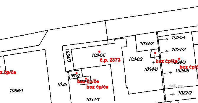 Horní Počernice 2373, Praha na parcele st. 1034/5 v KÚ Horní Počernice, Katastrální mapa