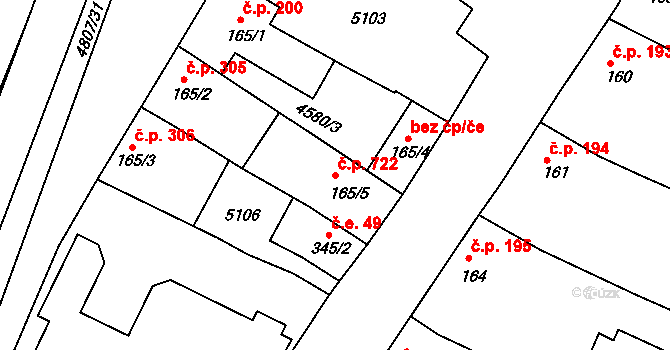Boršice 722 na parcele st. 165/5 v KÚ Boršice u Buchlovic, Katastrální mapa