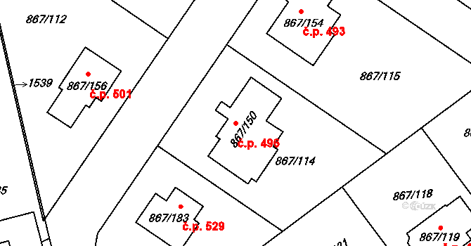 Hřebeč 496 na parcele st. 867/150 v KÚ Hřebeč, Katastrální mapa