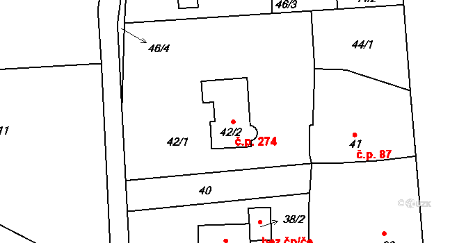 Červený Kříž 274, Jihlava na parcele st. 42/2 v KÚ Antonínův Důl, Katastrální mapa