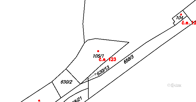 Kunětice 123 na parcele st. 105/1 v KÚ Kunětice, Katastrální mapa