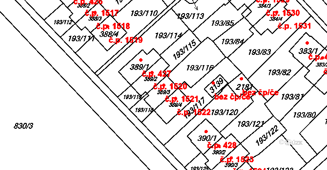 Sezimovo Ústí 1521 na parcele st. 389/3 v KÚ Sezimovo Ústí, Katastrální mapa