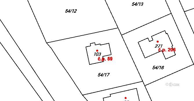 Kozinec 59, Holubice na parcele st. 103 v KÚ Kozinec, Katastrální mapa