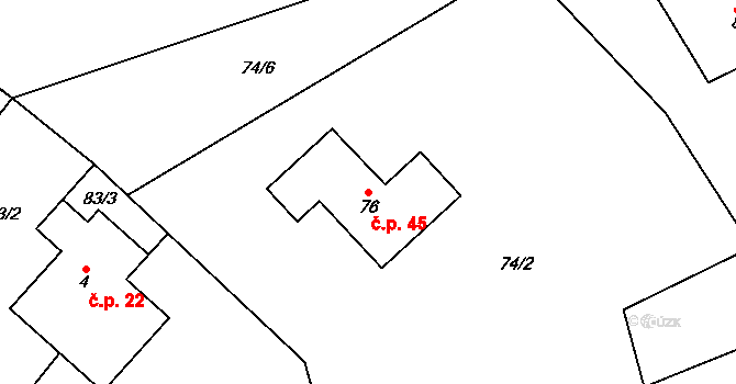 Roženecké Paseky 45, Věcov na parcele st. 76 v KÚ Roženecké Paseky, Katastrální mapa